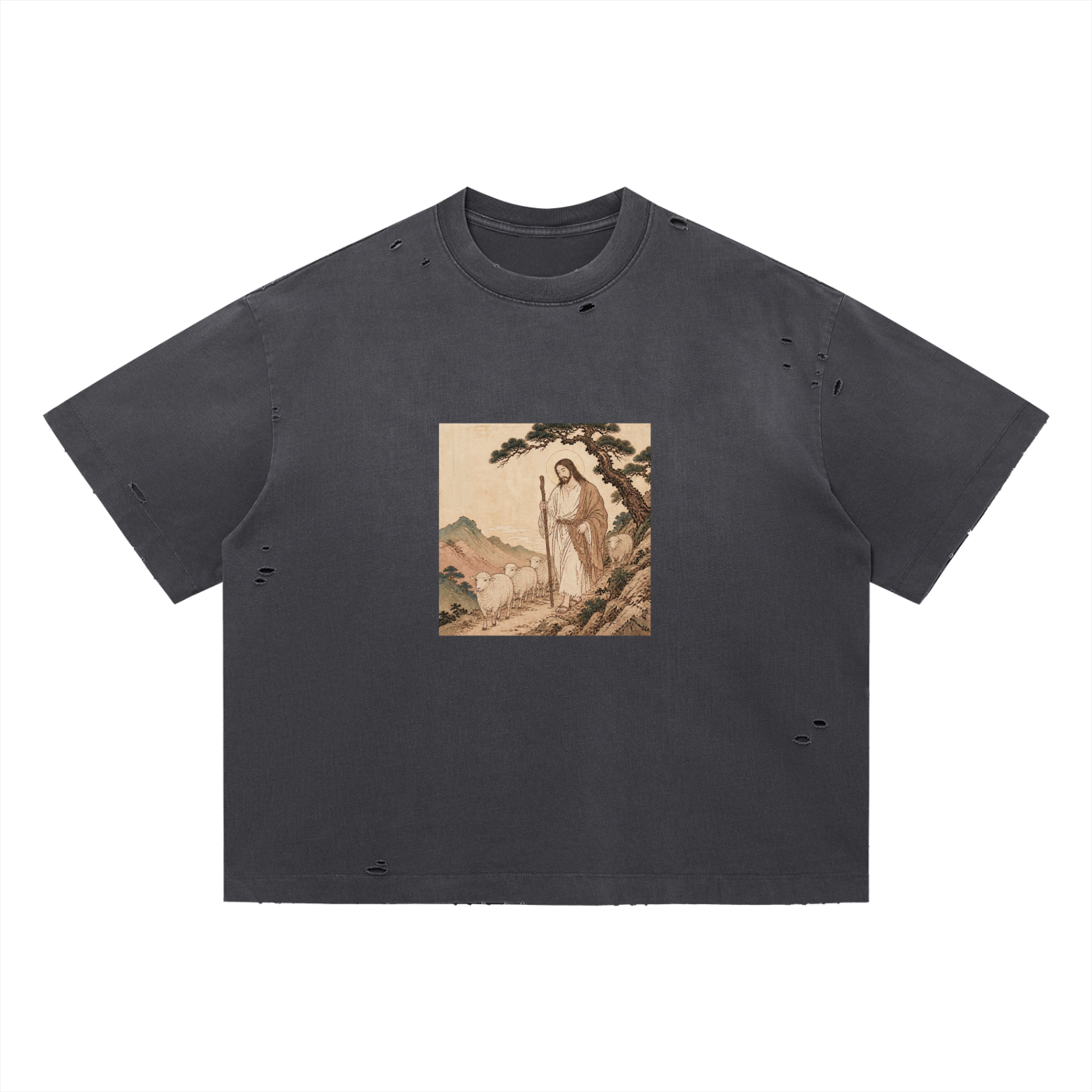 'Sheep' Distressed Boxy Oversized T-Shirt