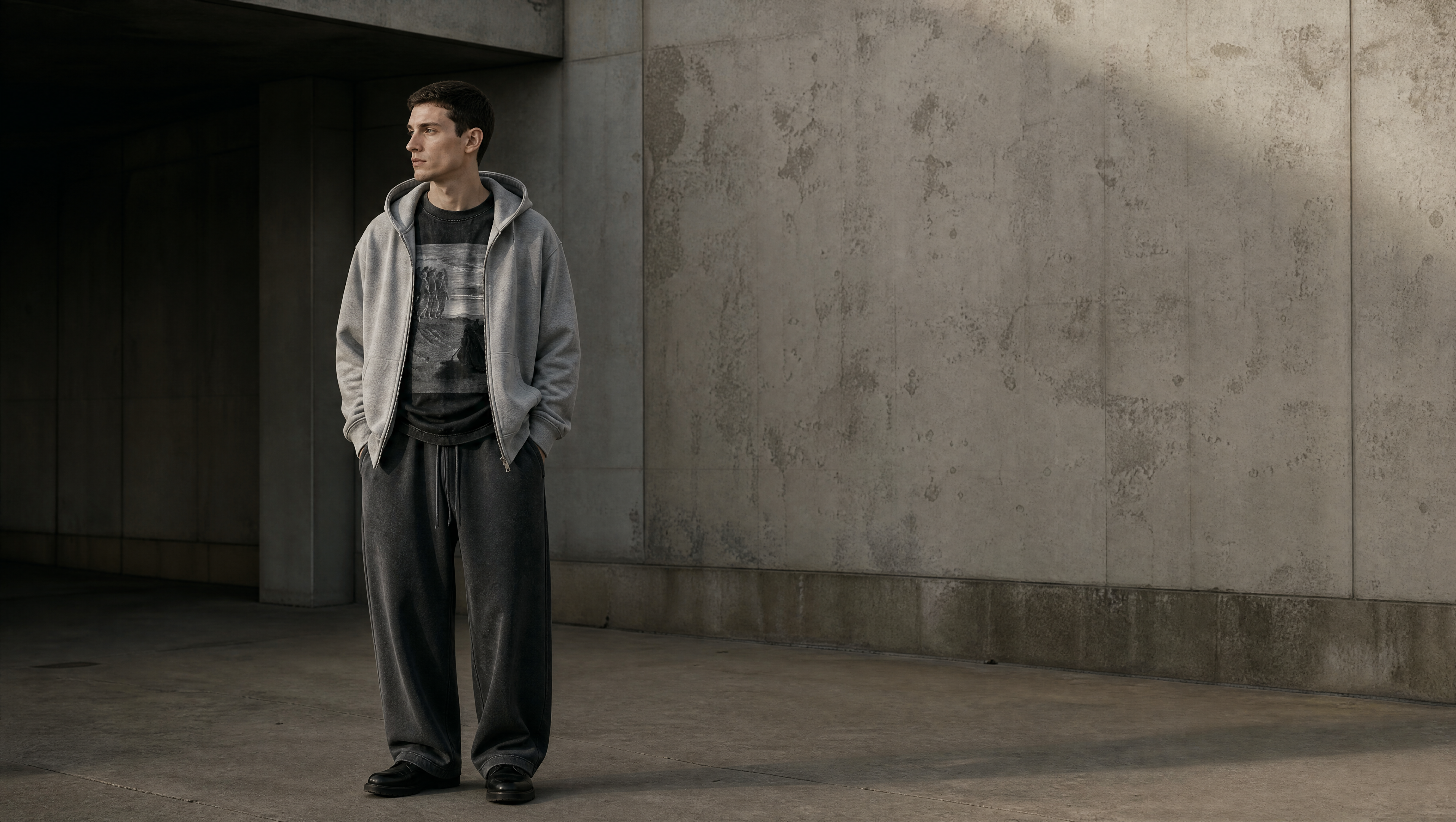 A man wearing a light gray zip-up hoodie over a dark graphic t-shirt and dark gray sweatpants stands in a concrete structure with dramatic side lighting.